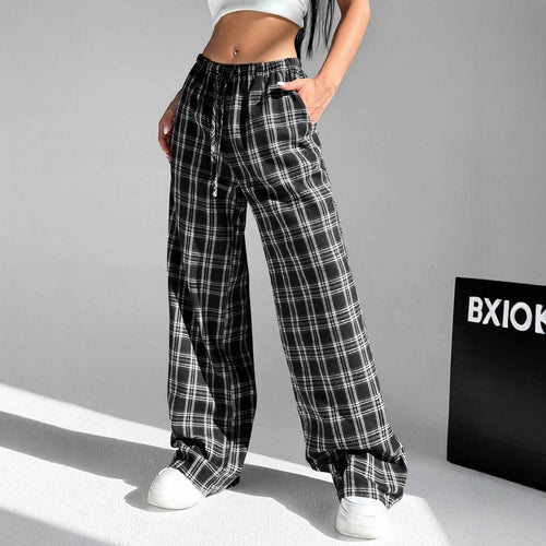 Damen lässige Karohose mit elastischem Bund und Kordelzug EB