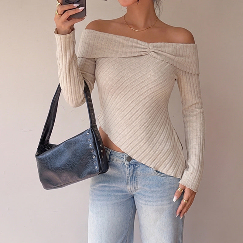 Damen Schulterfreies asymmetrisches Rippstrick-Top mit Knotenpasse EB