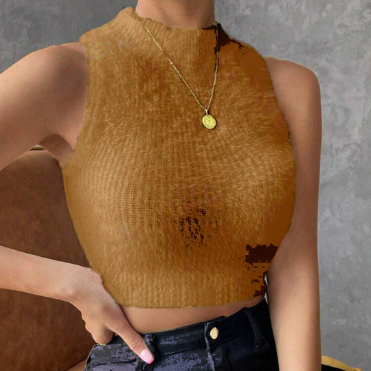 Damen Kurz geschnittenes ärmelloses geripptes Strick-Crop-Top mit Stehkragen EB