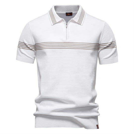 Herren nan edles Feinstrick-Poloshirt mit kurzem Metallreißverschluss, Bündchenärmeln und kontrastierten Streifenbändern EB