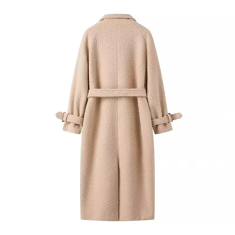 Damen eleganter und kuscheliger Wollmantel mit Gürtel und aufgesetzten Taschen EB