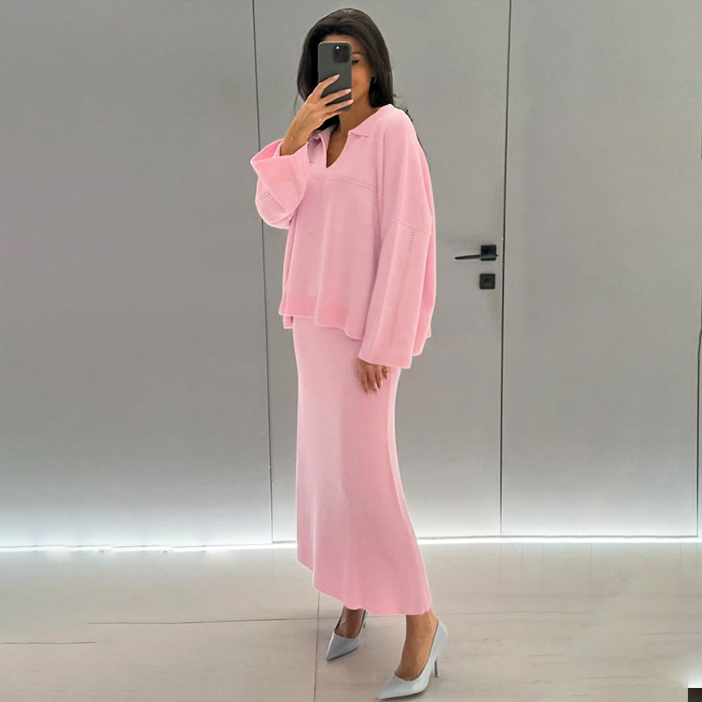 Damen Modisches Strick-Ensemble mit weitem Schnitt und tiefem V-Ausschnitt EB