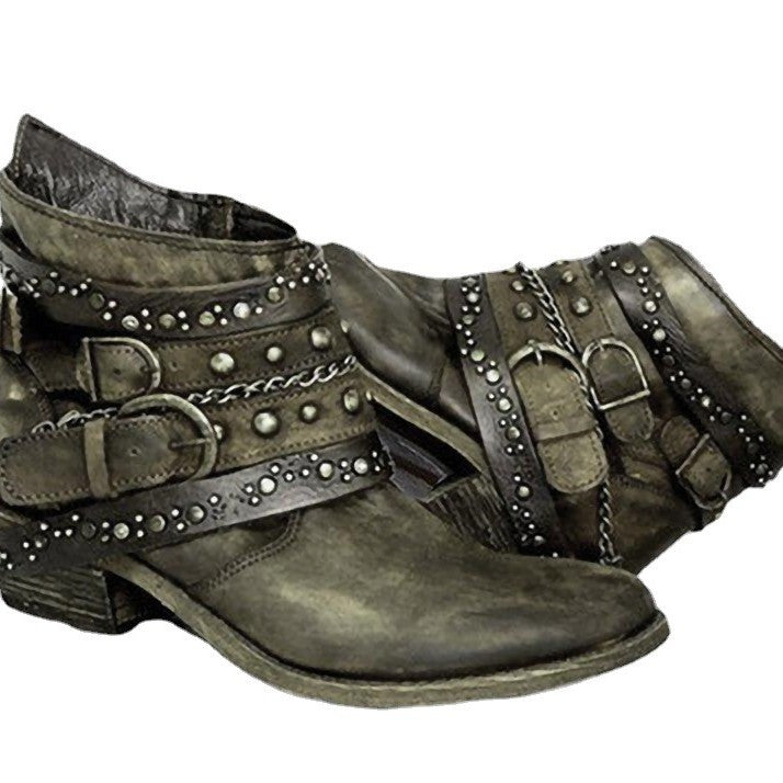 Damen nan knöchelhohe Biker-Stiefelette mit mehreren Nietenriemen, dekorativen Ketten und verstellbaren Schnallen EB