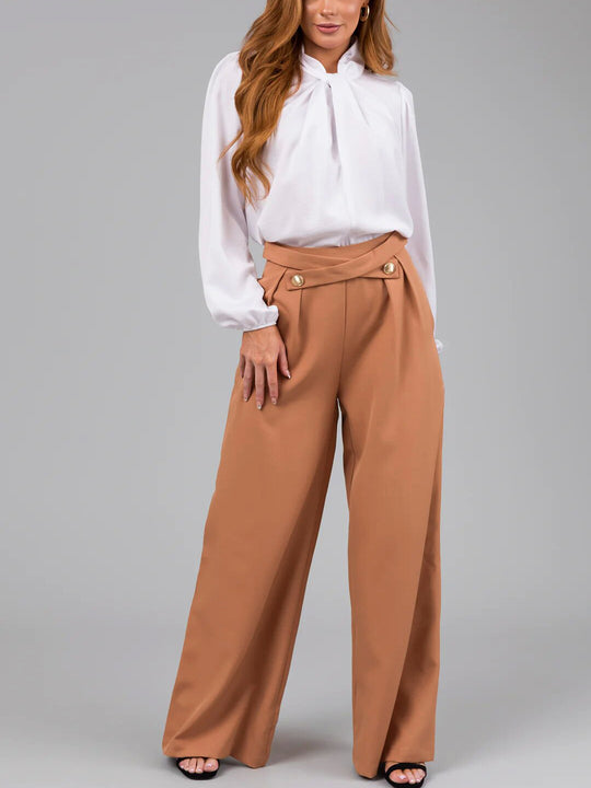 Damen Weite High-Waist-Hose mit eleganter Knopfdetails und figurverleihendem Schnitt EB