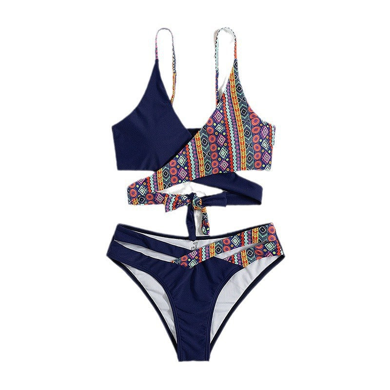 Damen Triangel-Bikini mit asymmetrischem Design und buntem Wickelband EB