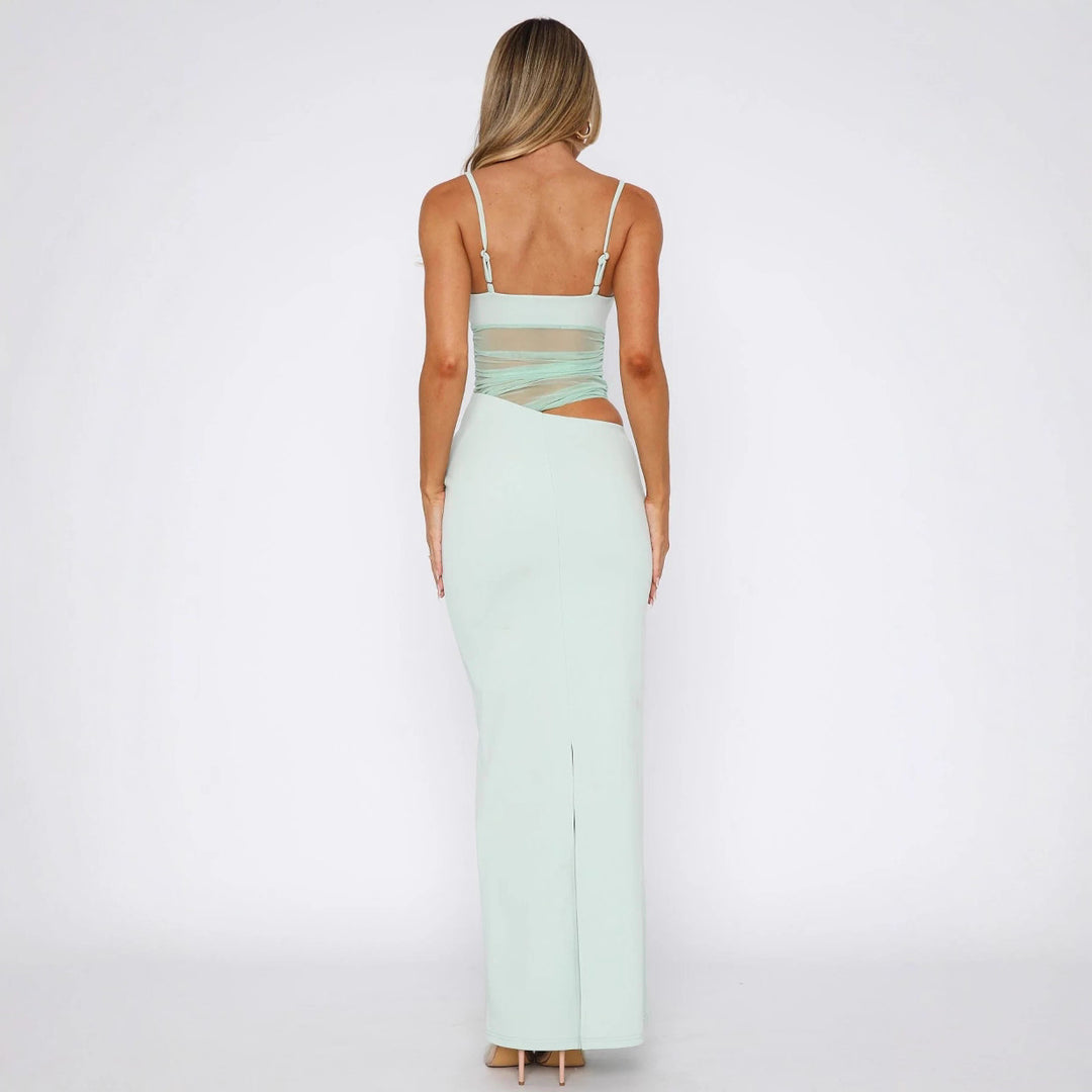 Damen Elegantes Stretch-Maxikleid mit transparenten Einsätzen und spaghetti Trägern EB