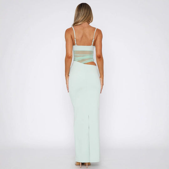 Damen Elegantes Stretch-Maxikleid mit transparenten Einsätzen und spaghetti Trägern EB