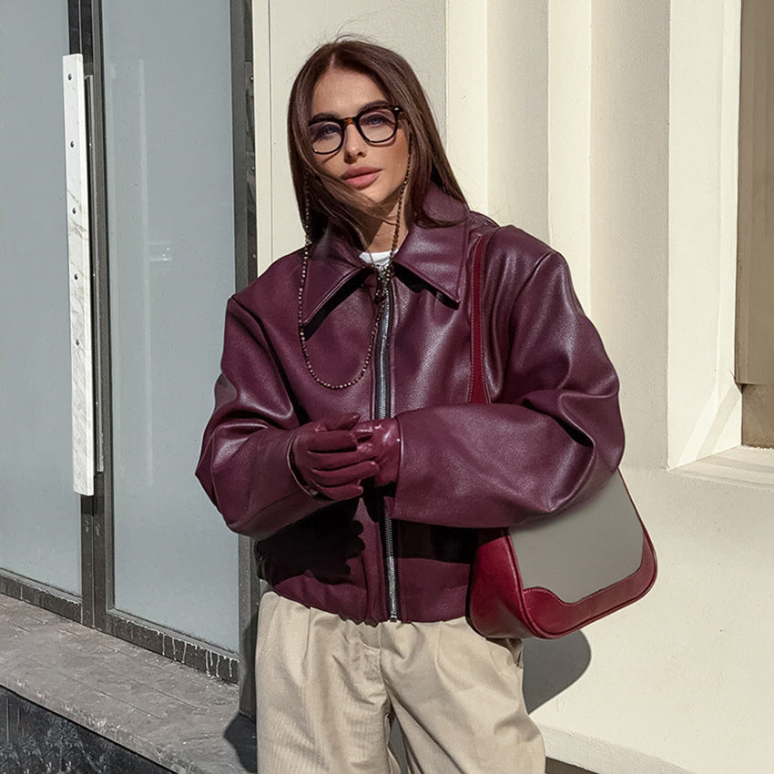 Damen Kunstlederjacke mit weitem Schnitt und feinem Kragen EB