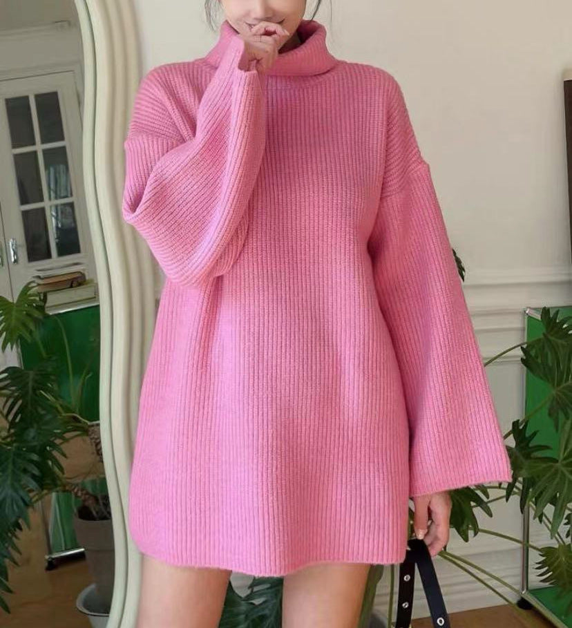 Damen Langer Strickpullover mit hohem Kragen und weit ausgestellten Ärmeln EB