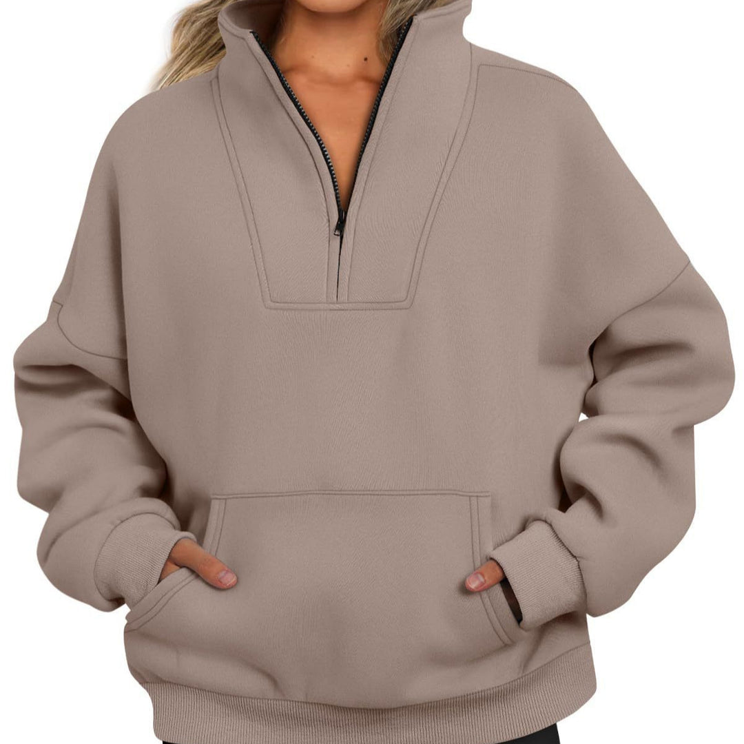 Damen nan oversized Halbzip-Hoodie mit hohem Stehkragen, Kängurutasche und gerippten Bündchen EB