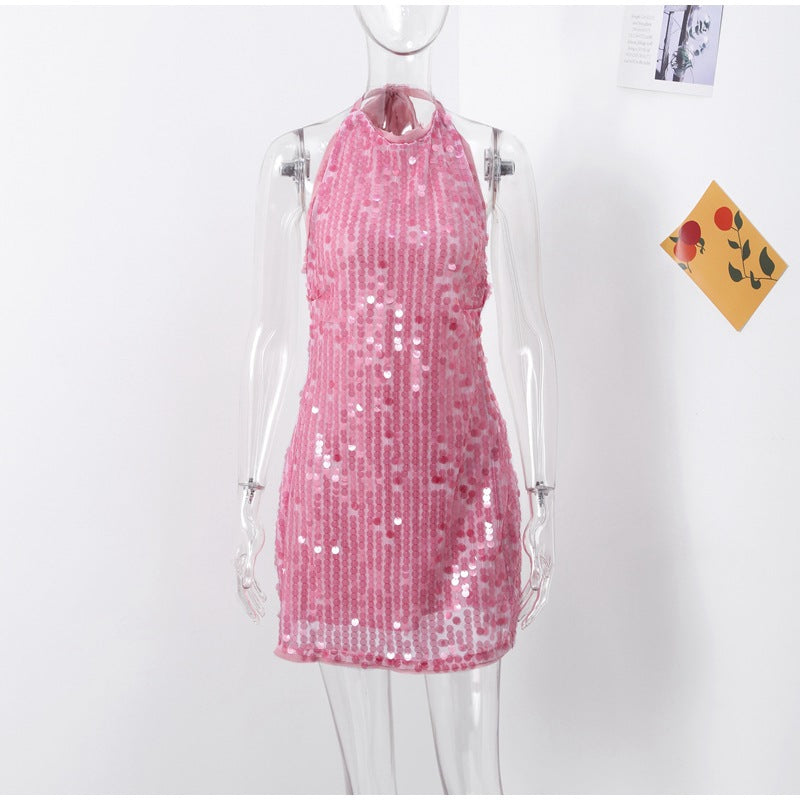 Damen Glamouröses Pailletten-Minikleid mit haltem Ausschnitt EB