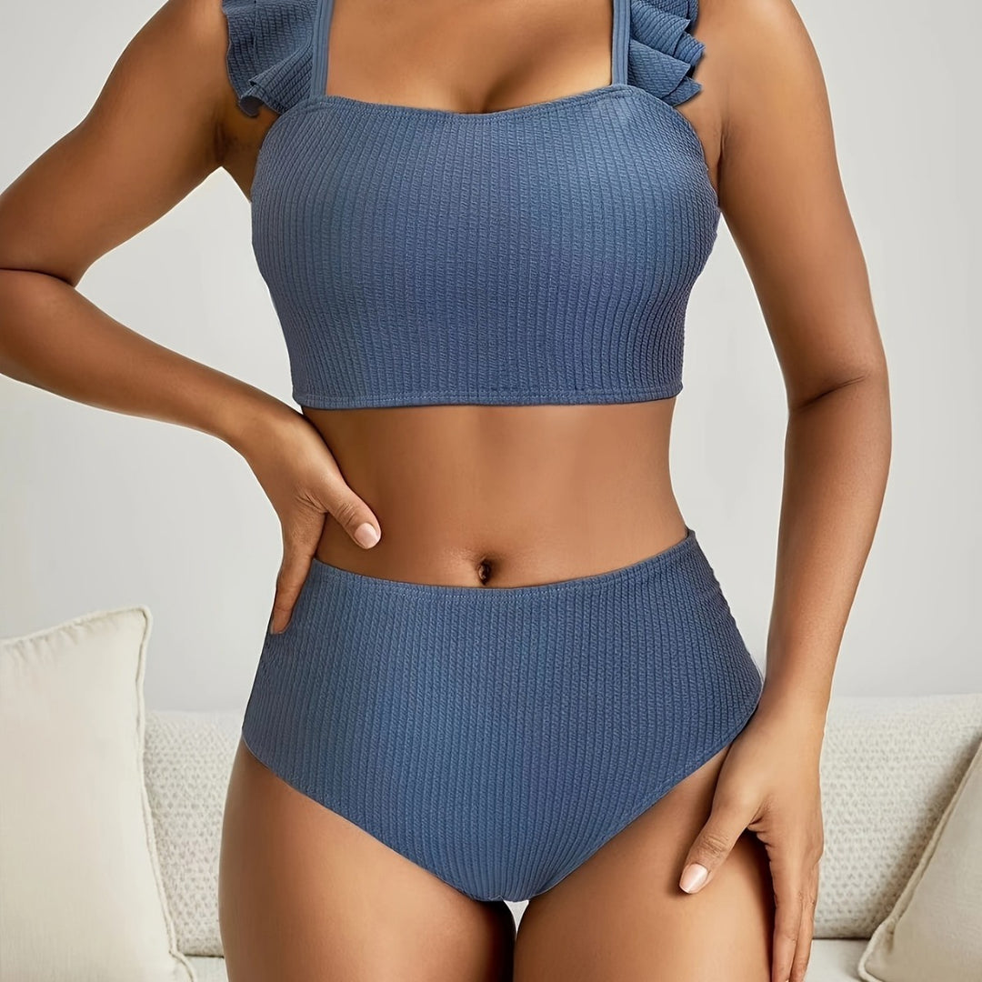 Damen Hochgeschnittenes Badeoberteil mit Rüschendetails und passendem Bikini-Unterteil EB