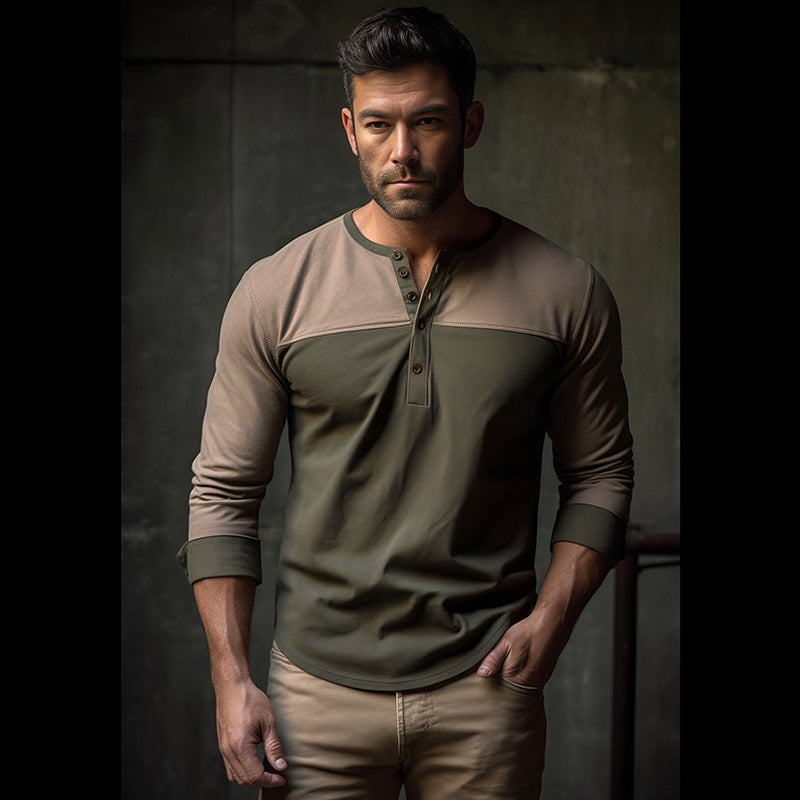 Herren Langarm-Henley-Shirt mit kontrastierenden Farbblockelementen EB