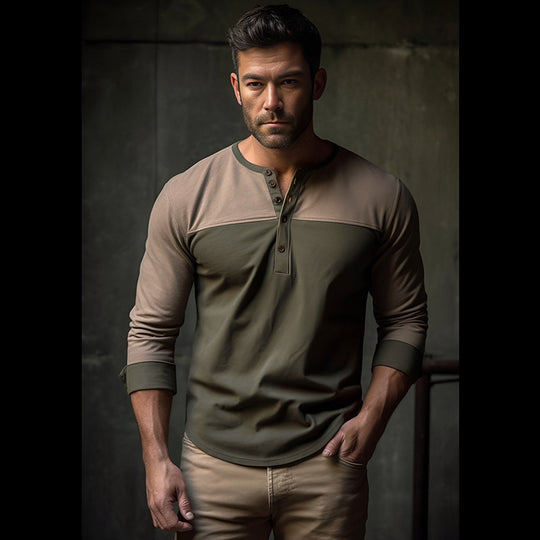 Herren Langarm-Henley-Shirt mit kontrastierenden Farbblockelementen EB