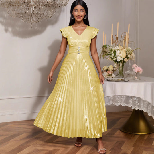Damen elegantes Maxikleid mit schimmerndem Obermaterial und strukturiertem Taillenteil EB