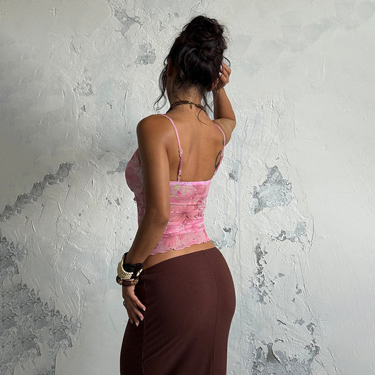 Damen Seidiges Spaghetti-Trägertop mit floralem Design EB