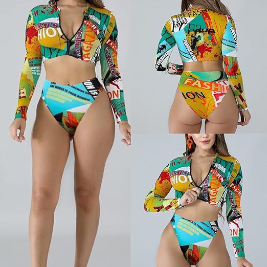 Damen Surf-Bikini-Set mit langärmeligem Oberteil und modischem Reißverschluss EB