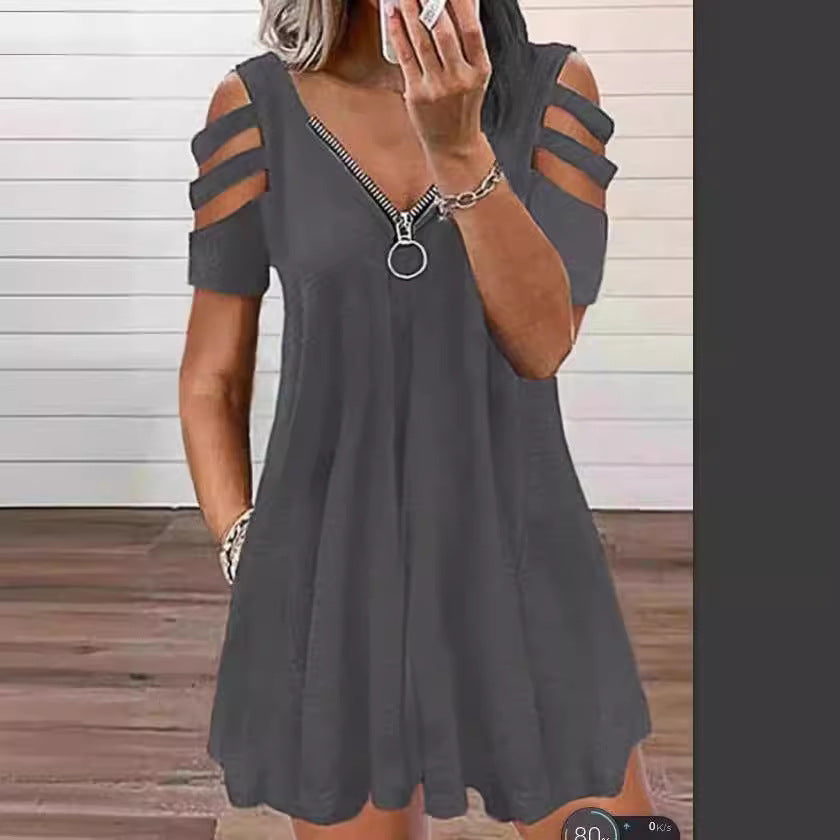 Damen Kleid mit V-Ausschnitt und offenen Schultern EB