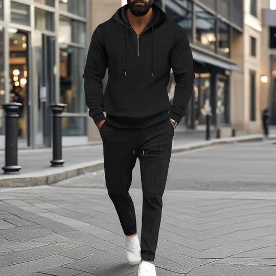 Herren nan strukturiertes Halbzip-Kapuzenloungewear-Set mit tapered Jogpants und Kordelzug EB