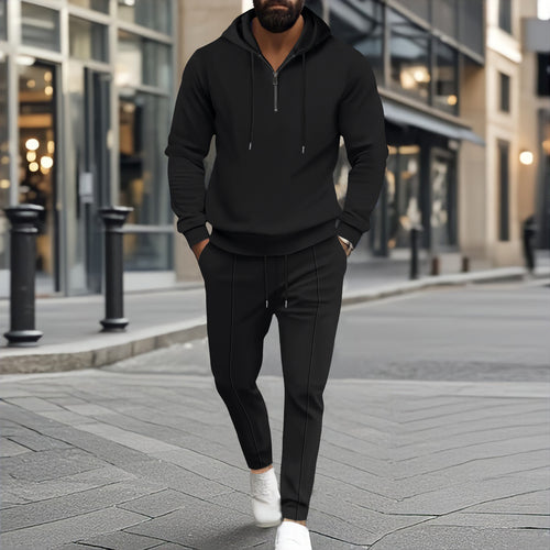 Herren nan strukturiertes Halbzip-Kapuzenloungewear-Set mit tapered Jogpants und Kordelzug EB