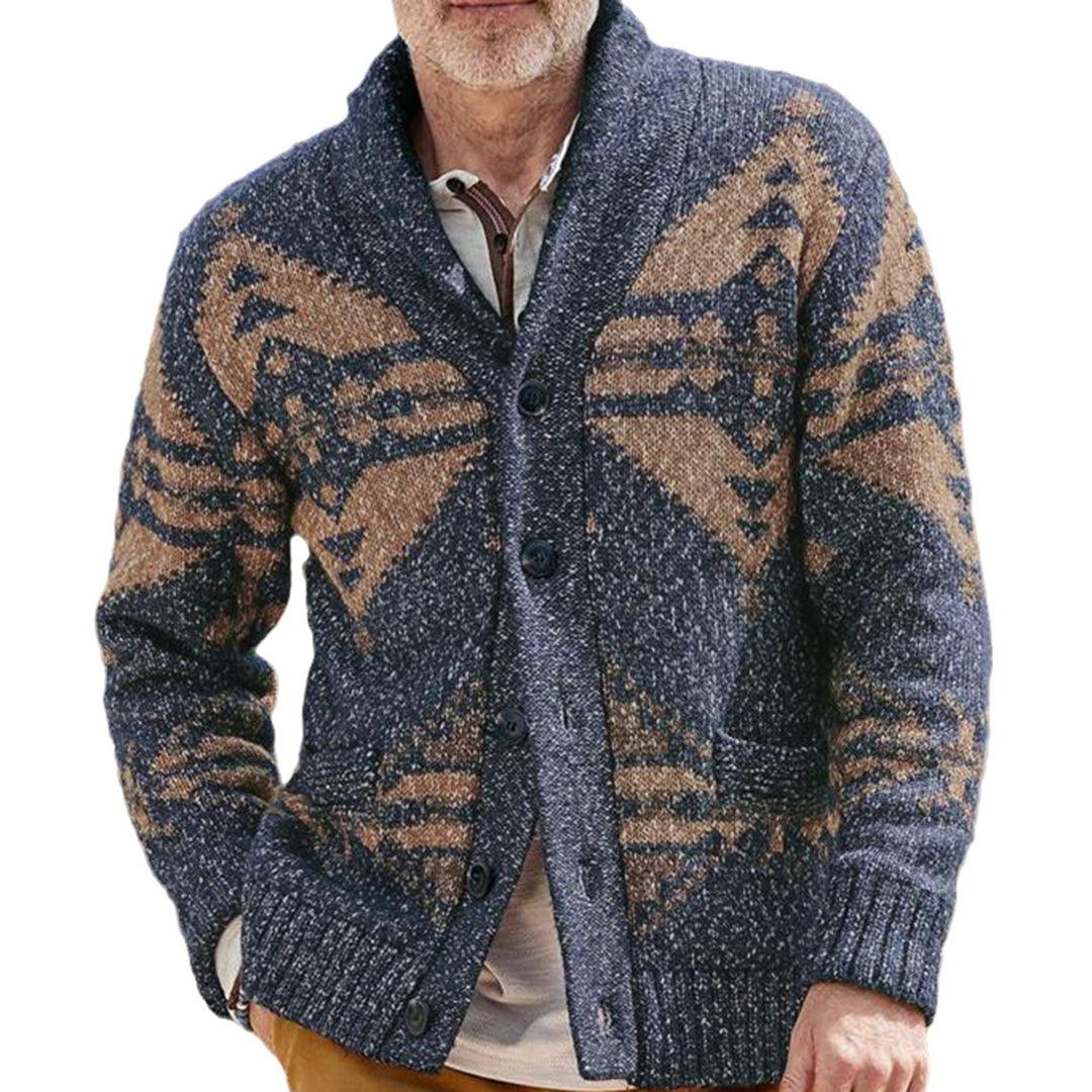 Herren Strickjacke mit einzigartigem geometrischen Muster und tiefem Kragen EB