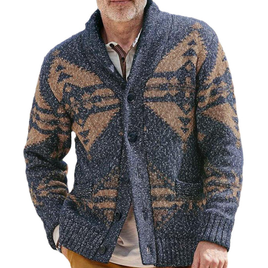 Herren Strickjacke mit einzigartigem geometrischen Muster und tiefem Kragen EB