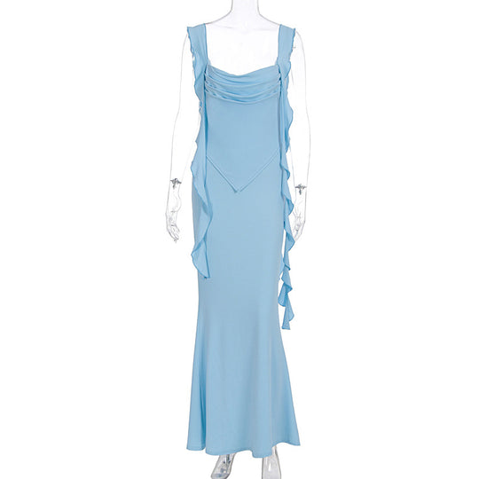 Damen Elegantes Maxi-Kleid mit asymmetrischen Rüschendetails und tiefem V-Ausschnitt EB