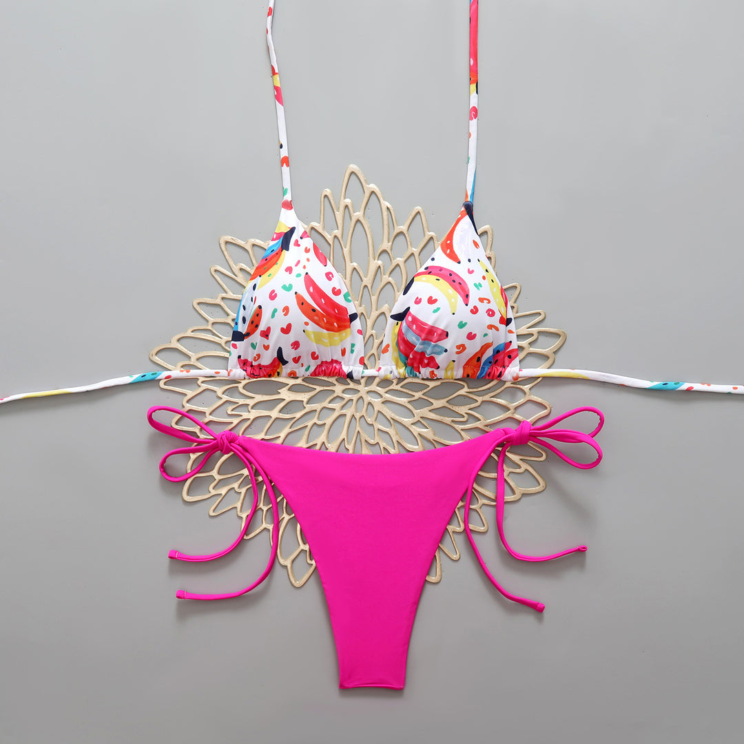 Damen Triangel-Bikini mit buntem Fruchtmuster und femininen Schleifen EB