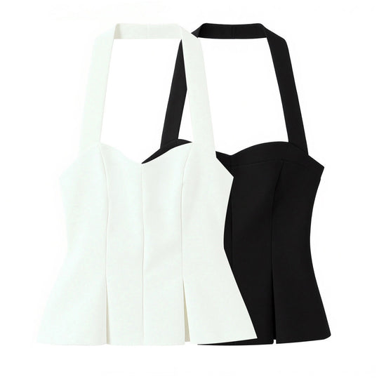 Damen schicke Bustier-Bluse mit taillierter Silhouette und dekorativem Halterneck EB