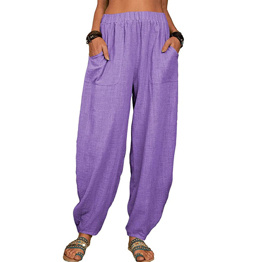 Damen nan lockere Leinenhose mit weitem Bein elastischem Bund und großen aufgesetzten Taschen EB