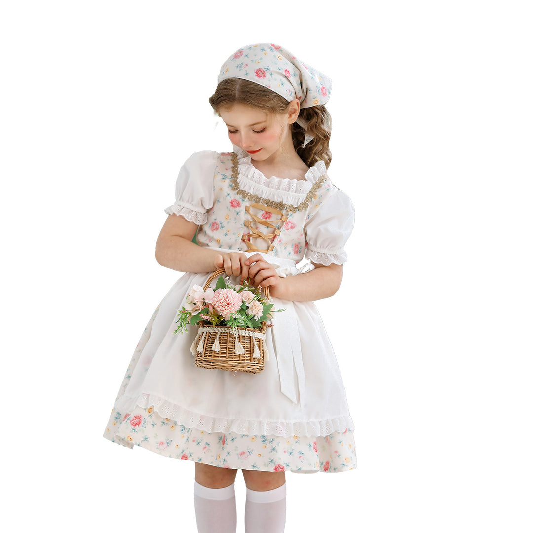 Damen nan traditionelles Dirndlkleid für Mädchen mit bestickter Schürze, Rüschenkragen und passendem Kopftuch EB