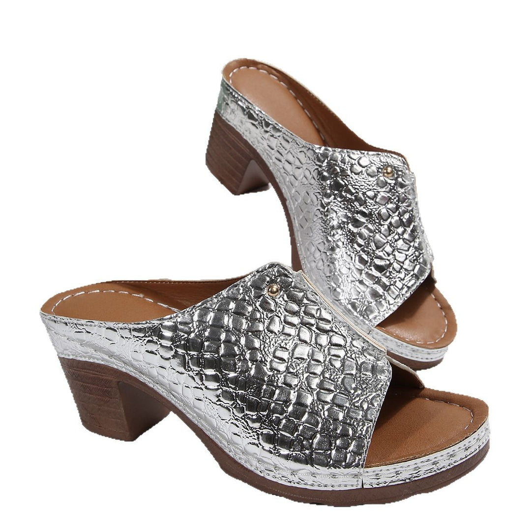 Damen Wedge-Sandaletten mit glänzender Kroko-Optik und komfortablem Blockabsatz EB