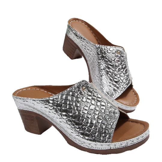 Damen Wedge-Sandaletten mit glänzender Kroko-Optik und komfortablem Blockabsatz EB