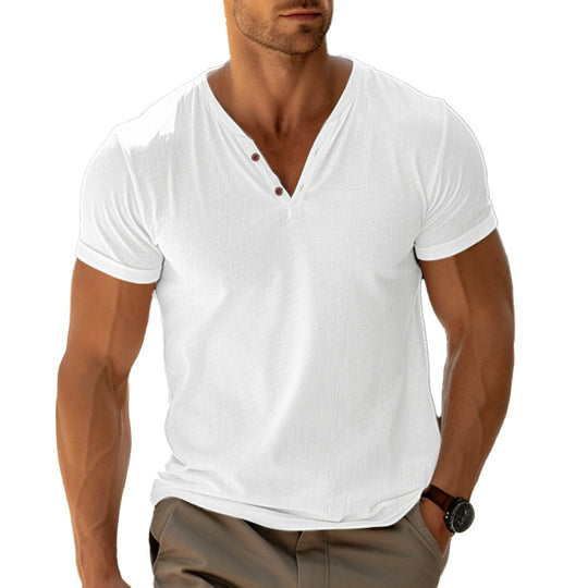 Herren nan tailliertes Henley-T-Shirt mit V-Ausschnitt kurzer Knopfleiste und krempelbaren Ärmeln EB