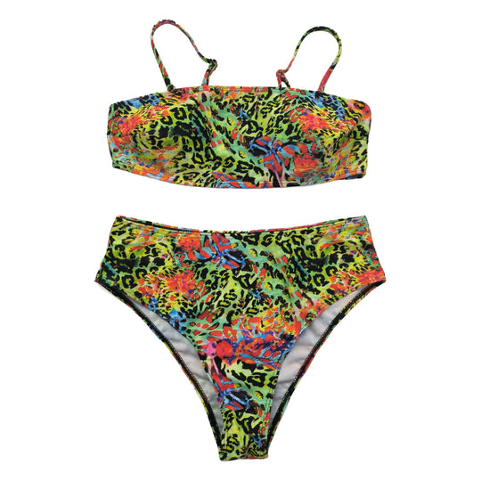 Damen Hochgeschnittener Bikini mit farbenfrohem Leopardenmuster EB