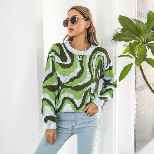 Damen lässiger Pullover mit einzigartigem Wellenmuster EB