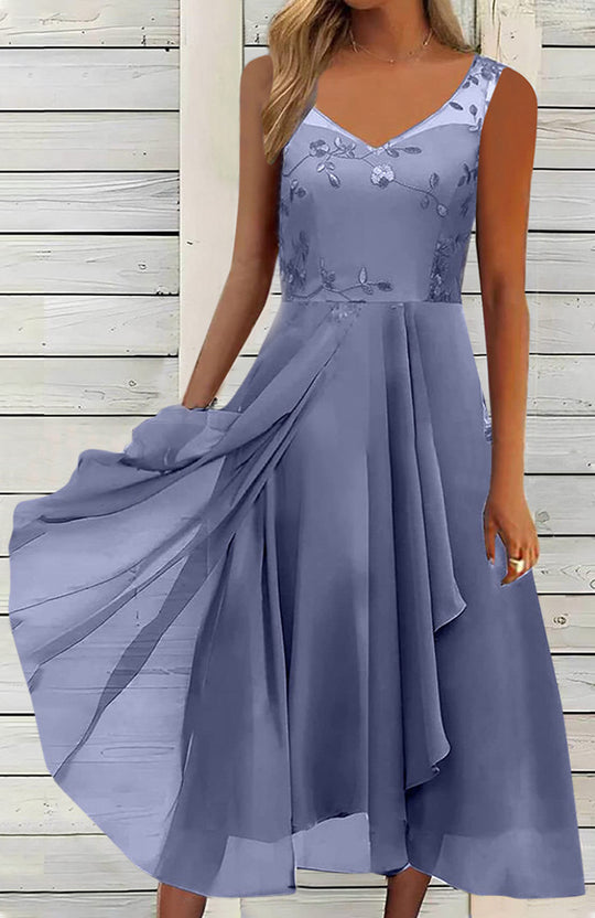 Damen nan A-Linien-Chiffonkleid mit floralem Stickoberteil, V-Ausschnitt, drapiertem Godet-Schwung und verdeckten Seitentaschen EB
