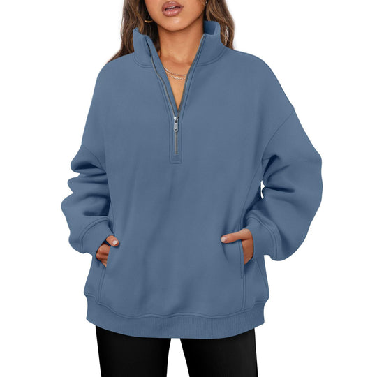 Damen nan oversized Halbzip-Pullover mit Stehkragen, Kängurutasche und Rippbündchen EB