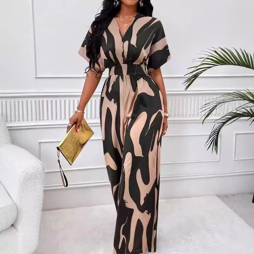 Damen Eleganter Jumpsuit mit großflächigem Muster und V-Ausschnitt EB