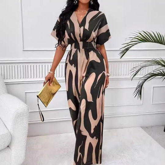 Damen Eleganter Jumpsuit mit großflächigem Muster und V-Ausschnitt EB