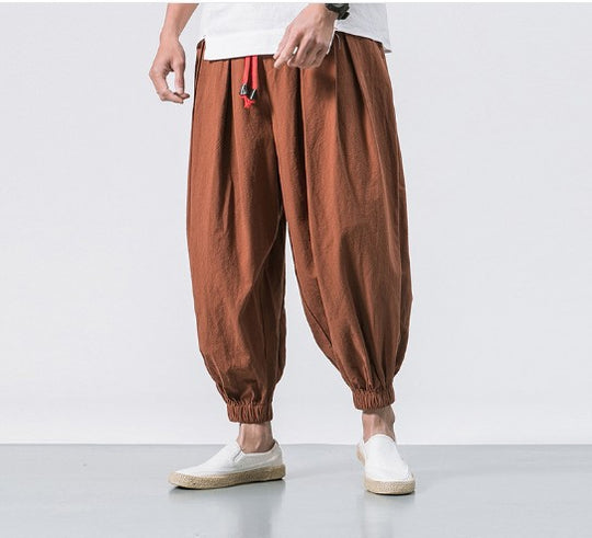 Herren nan lässige Leinen-Joggerhose mit Tunnelzug, strukturierter Oberfläche und elastischen Bündchen EB