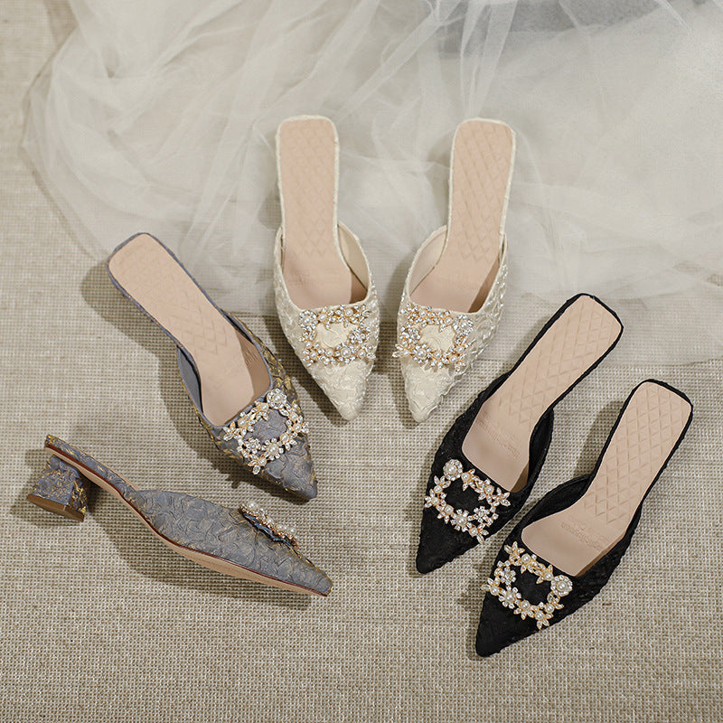 Damen elegante spitze Mules mit luxuriösem Schmuckdetail EB