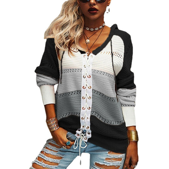 Damen Grobstrick Pullover mit Kapuze und modischem Linienmuster EB