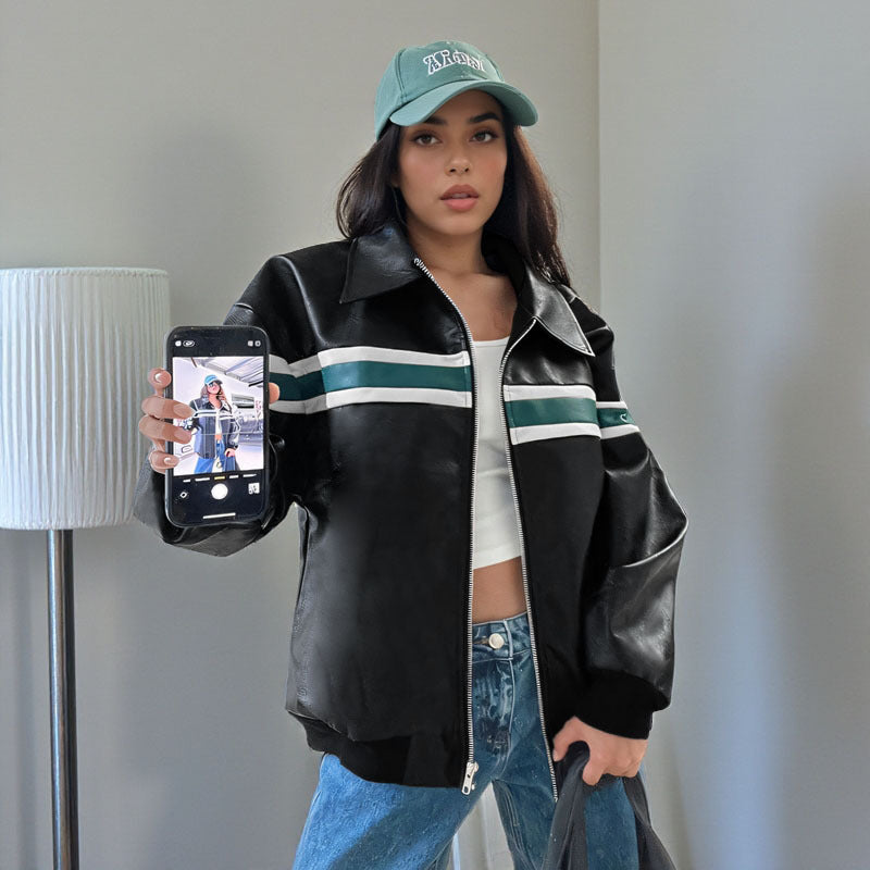 Damen Kunstleder-Bomberjacke mit Retro-Streifen und durchgehendem Reißverschluss EB