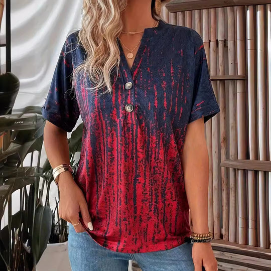 Damen Kurzarm-Bluse mit stylischem Knopf-Design und modischem Farbverlauf EB