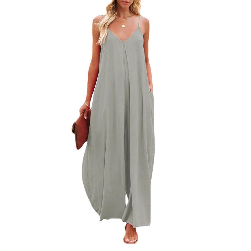 Damen Maxi-Jumpsuit mit elegantem V-Ausschnitt und seitlichen Taschen EB