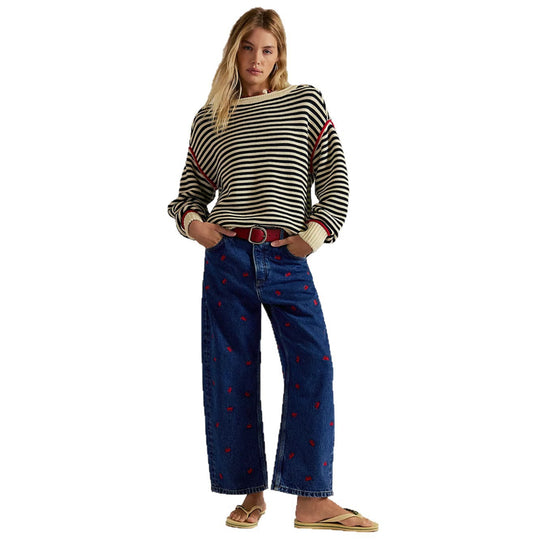 Damen Oversize Ringelstrickpullover mit weitem Schnitt, Bündchen & kontrastierenden Paspeln EB