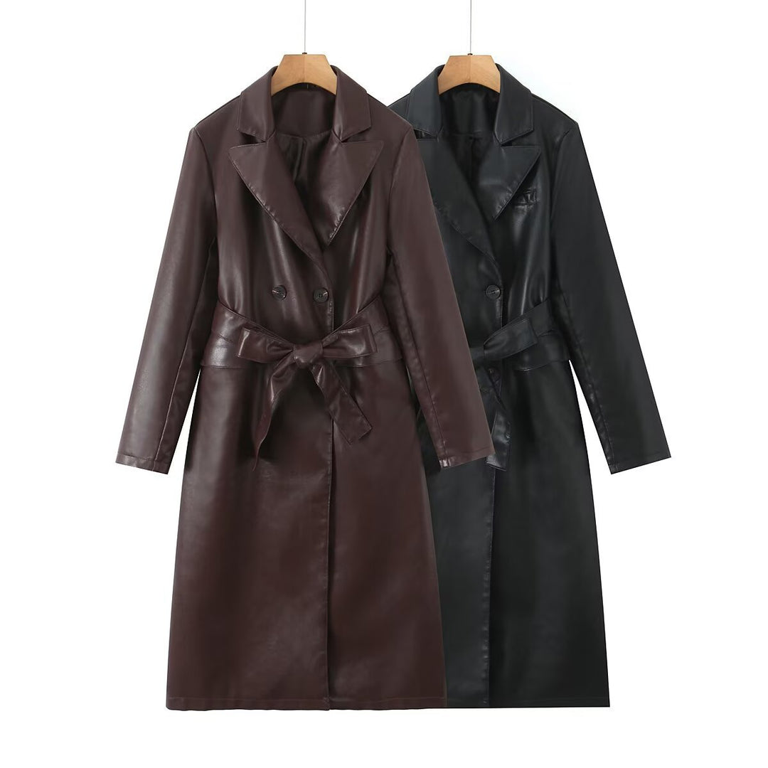 Damen Kunstleder Trenchcoat mit Taillengürtel und eleganter Taschennaht EB