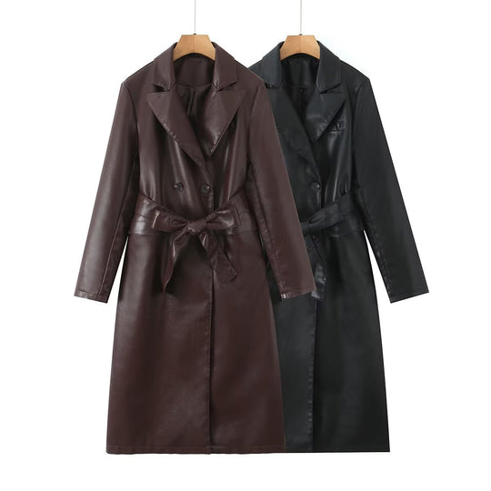 Damen Kunstleder Trenchcoat mit Taillengürtel und eleganter Taschennaht EB