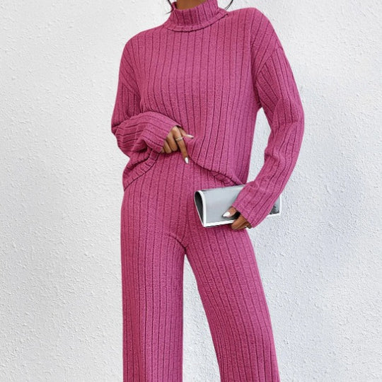 Damen Grobstrick Zweiteiler mit hohem Kragen und weitem Schnitt EB